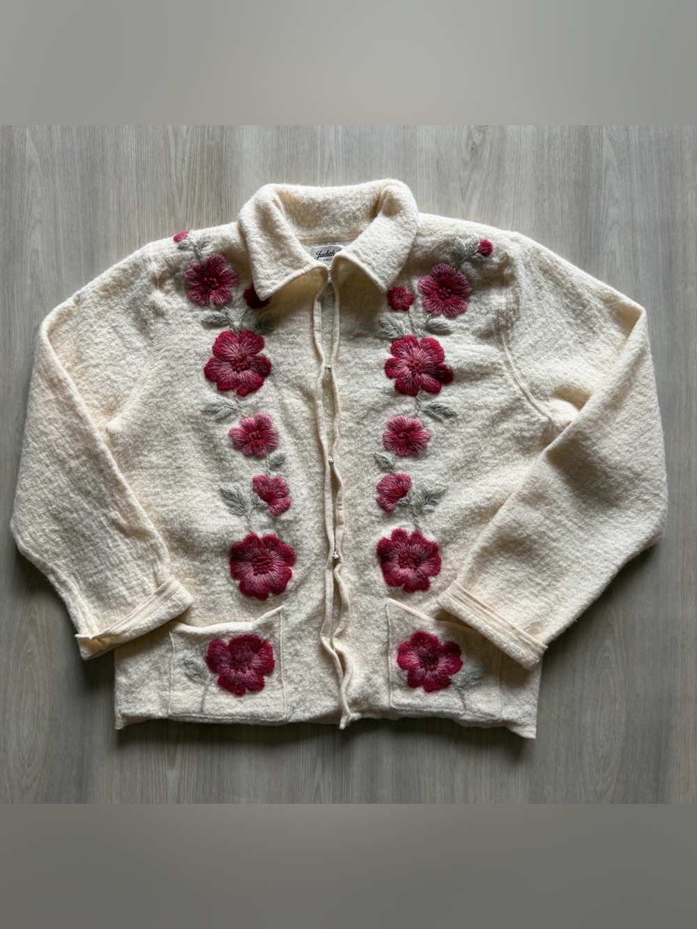 Vintage Judith Hart Hank Knit Floral Wool Cardigan Sz XL